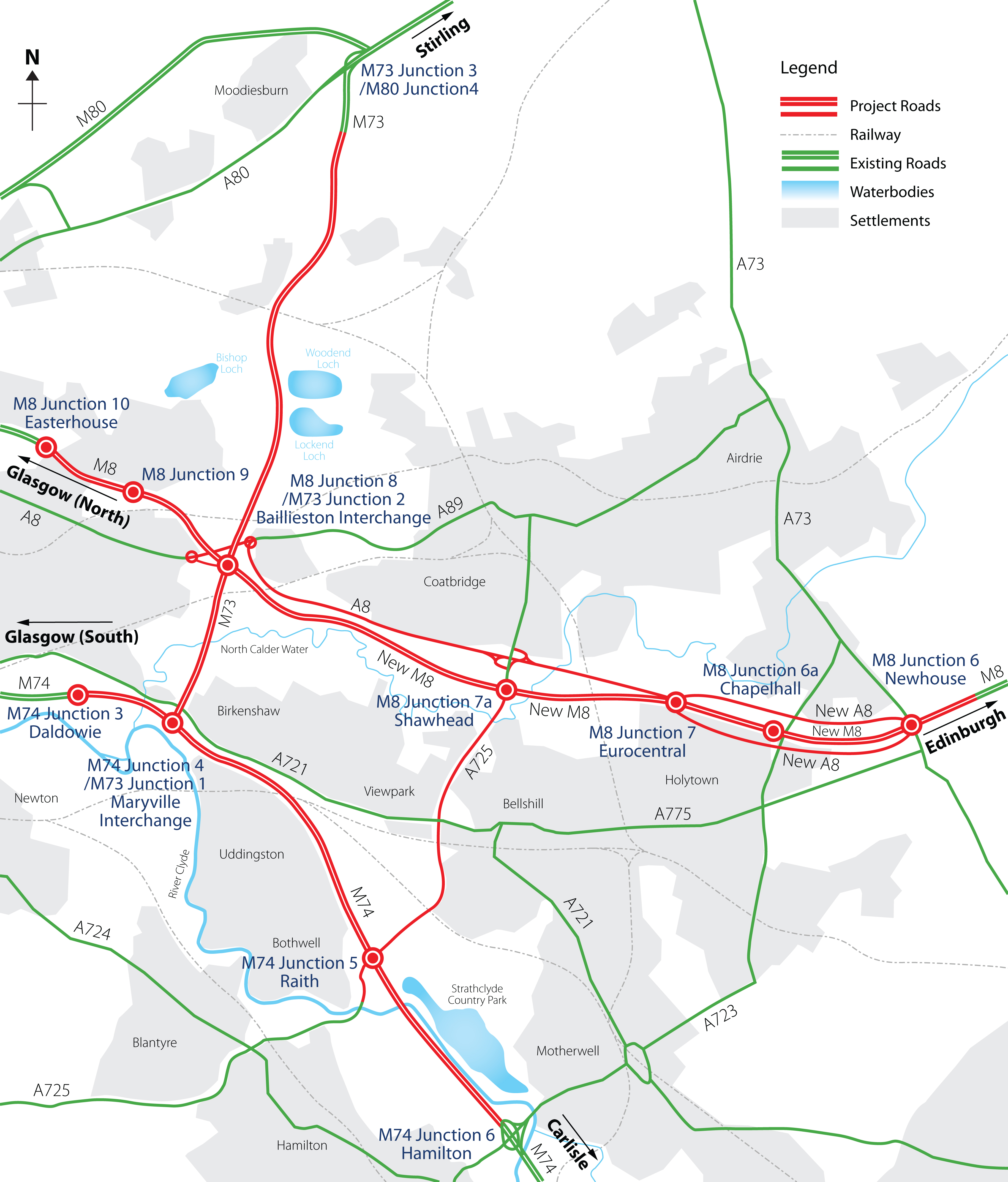 Map showing M8, M73 and M74 improvements