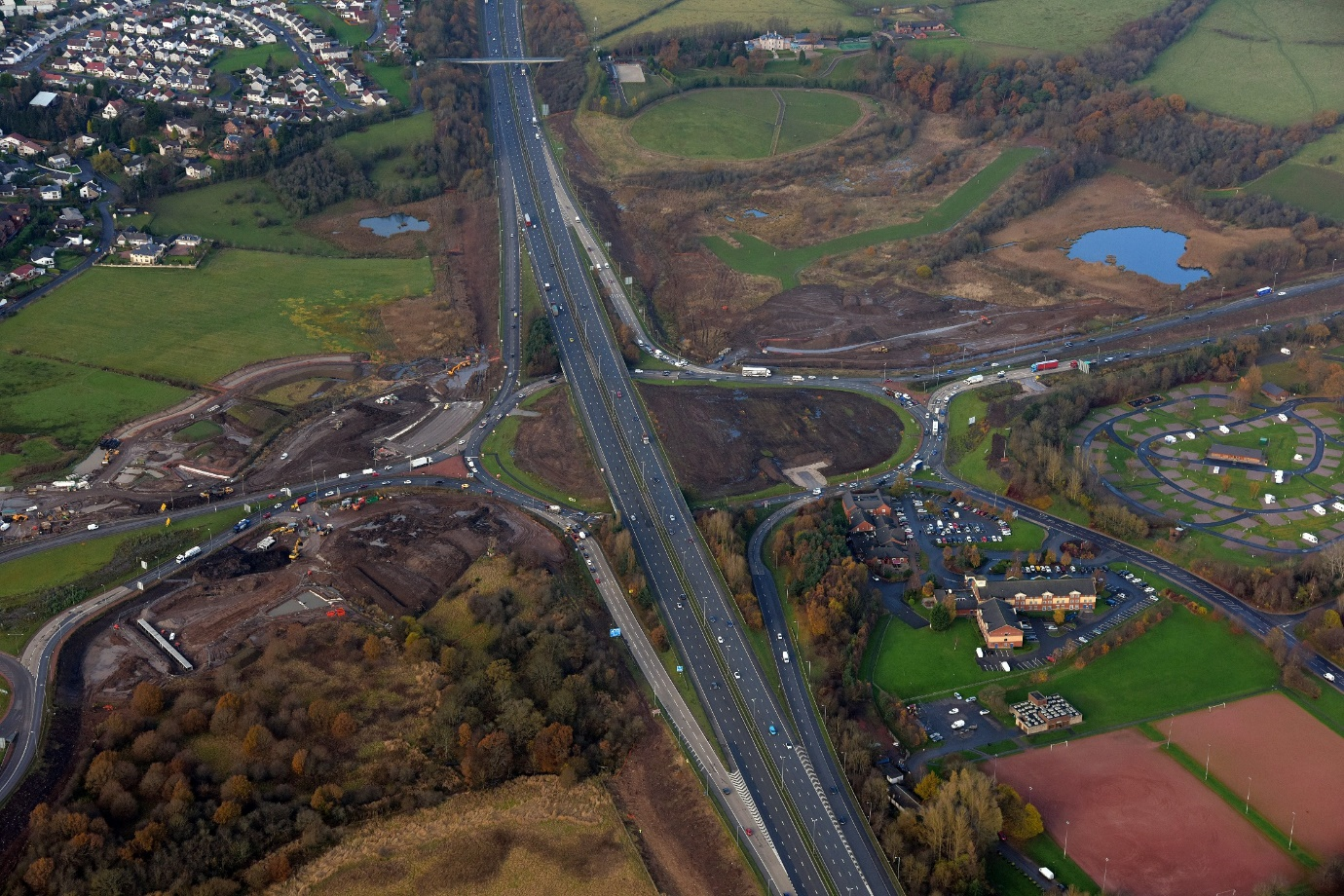 Aerial view of Raith Junction 5 of M74 during construction circa November 2014, prior to piling of the underpass