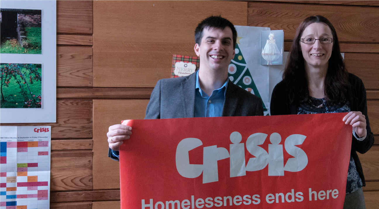 Raul Pascual, FLJV Project Director presenting £2,280 cheque to Elsie Riley, Crisis Fundraising Manager, Scotland