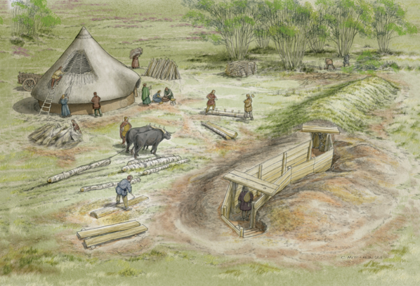 Illustration based on evidence from the Luncarty to Pass of Birnam excavations, and shows the site of a settlement  in the Iron Age.