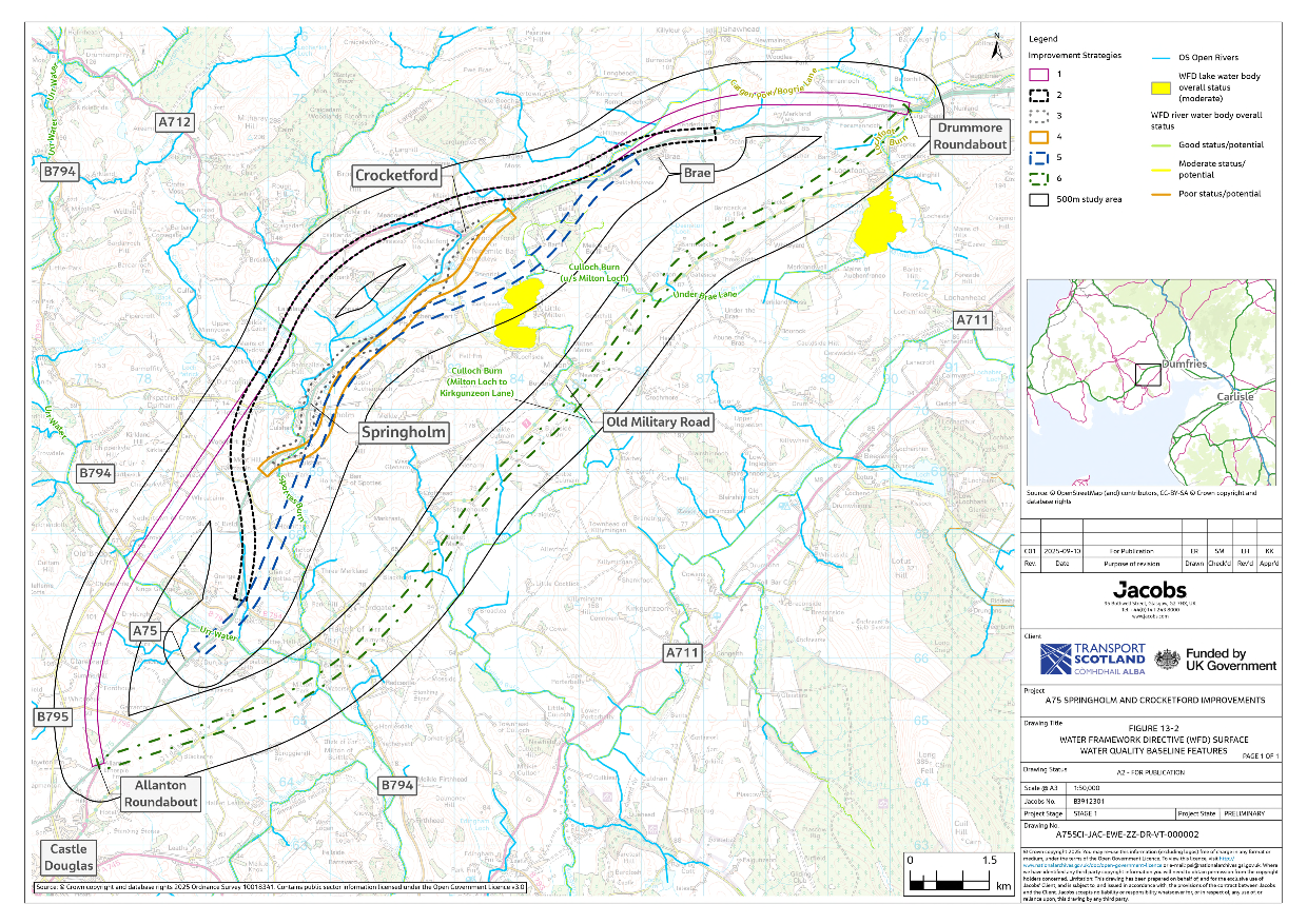 A figure showing the current status of the Water Framework Directive waterbodies within the 500m study area around the six improvement strategies.