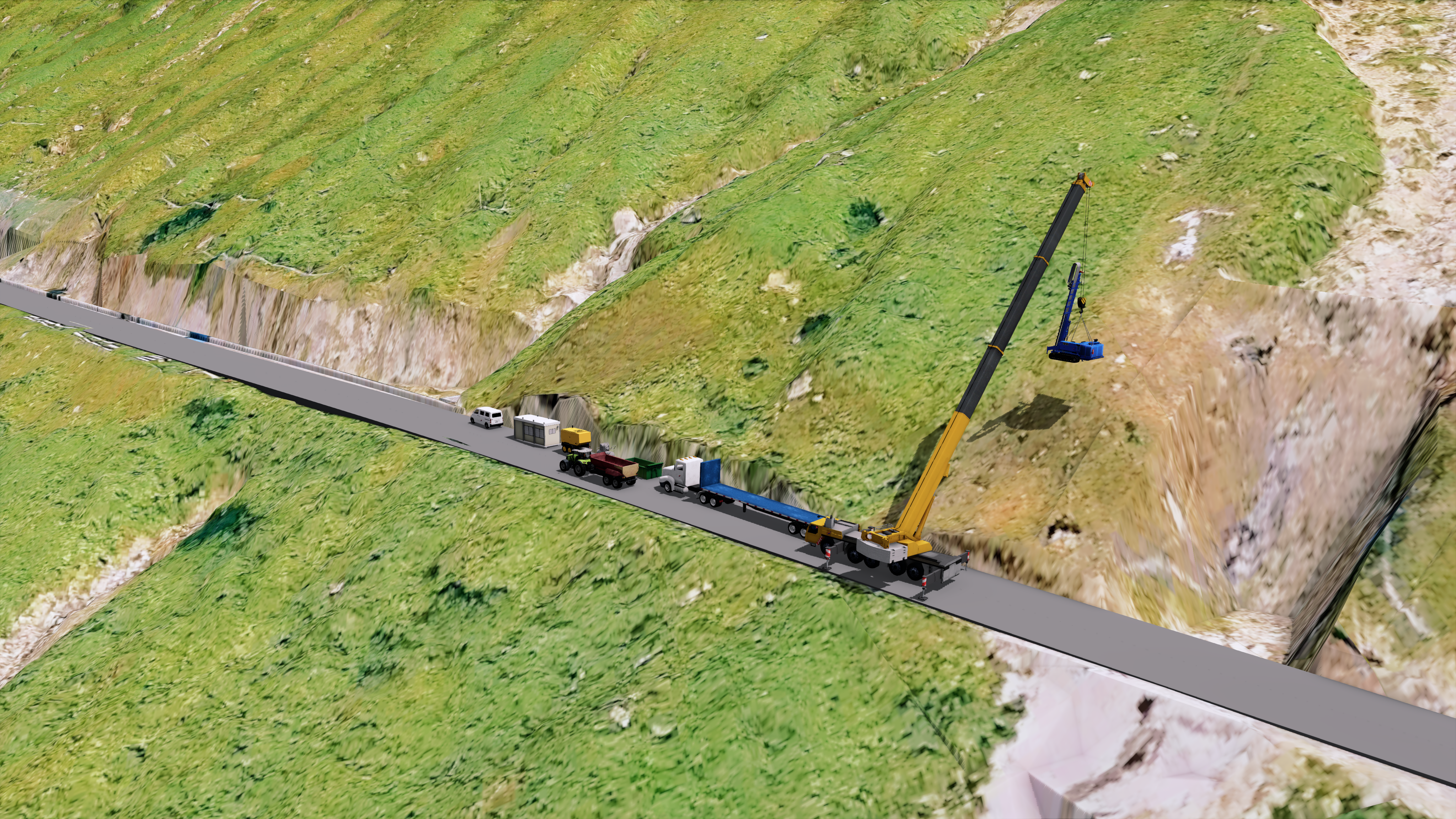 Illustration of the 110 tonne crane on the A83 which is required to lift specialist equipment on to hillside.