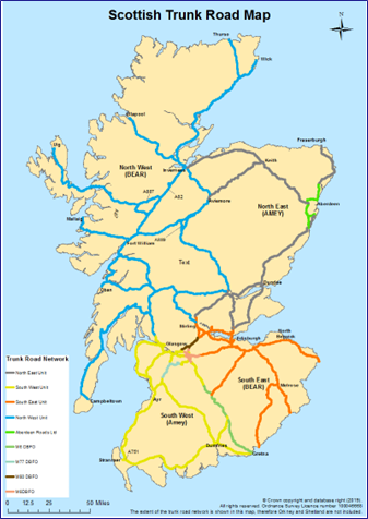 Figure 3.9: Scotland’s Trunk Road Map, 2023.  Map of Scottish trunk road network.