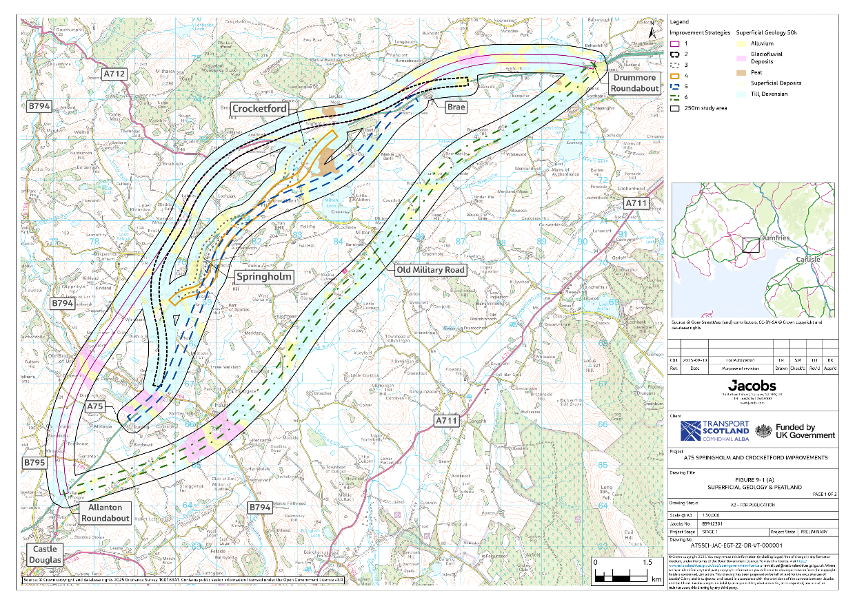 A figure showing the peatland classifications for the 250 m study area around the six improvement strategies