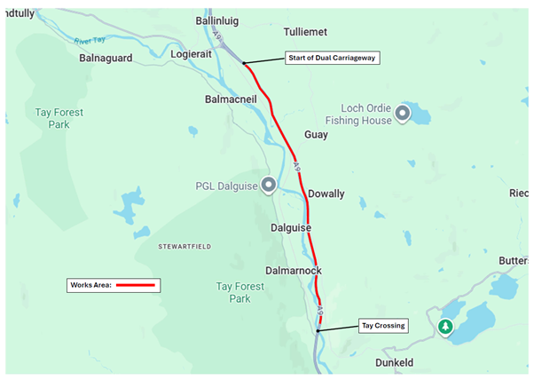 A map showing the length of the A9 where the works will be taking place - between Jubilee Bridge and Ballinluig.