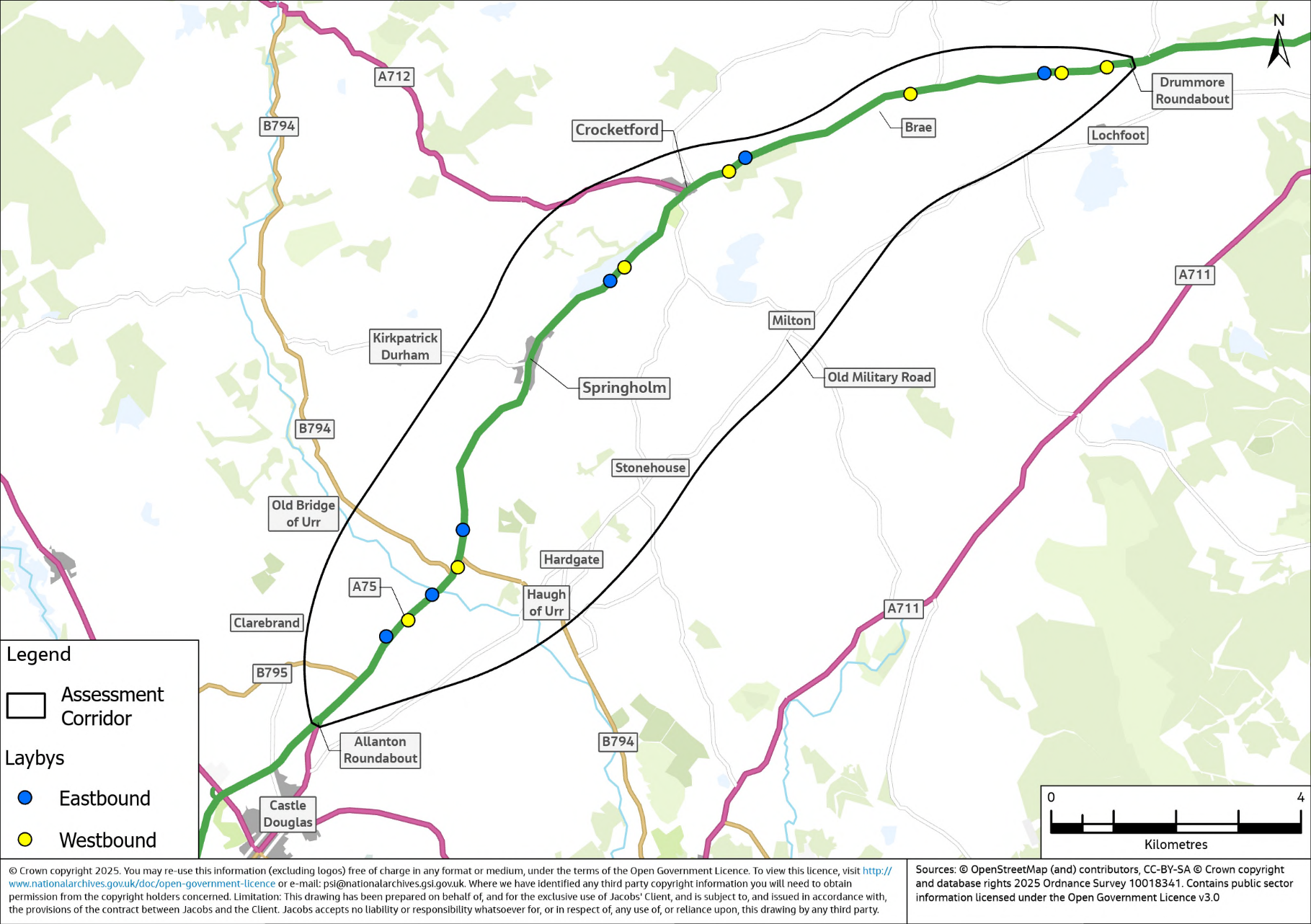 A map displaying layby provision along the A75 within the assessment corridor. A total of 13 laybys are shown which includes five lay-bys between the Allanton Roundabout and Springholm, two between Springholm and Crocketford, and six between Crocketford and Drummore Roundabout.