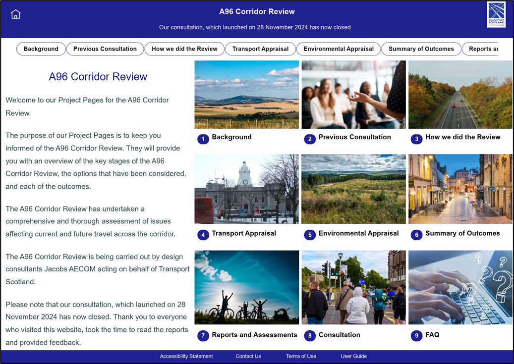 A screenshot of the landing page for the A96 Corridor Review StoryMap.

The image shows the welcome text, along with the different sections included within the StoryMap which users were able to navigate.