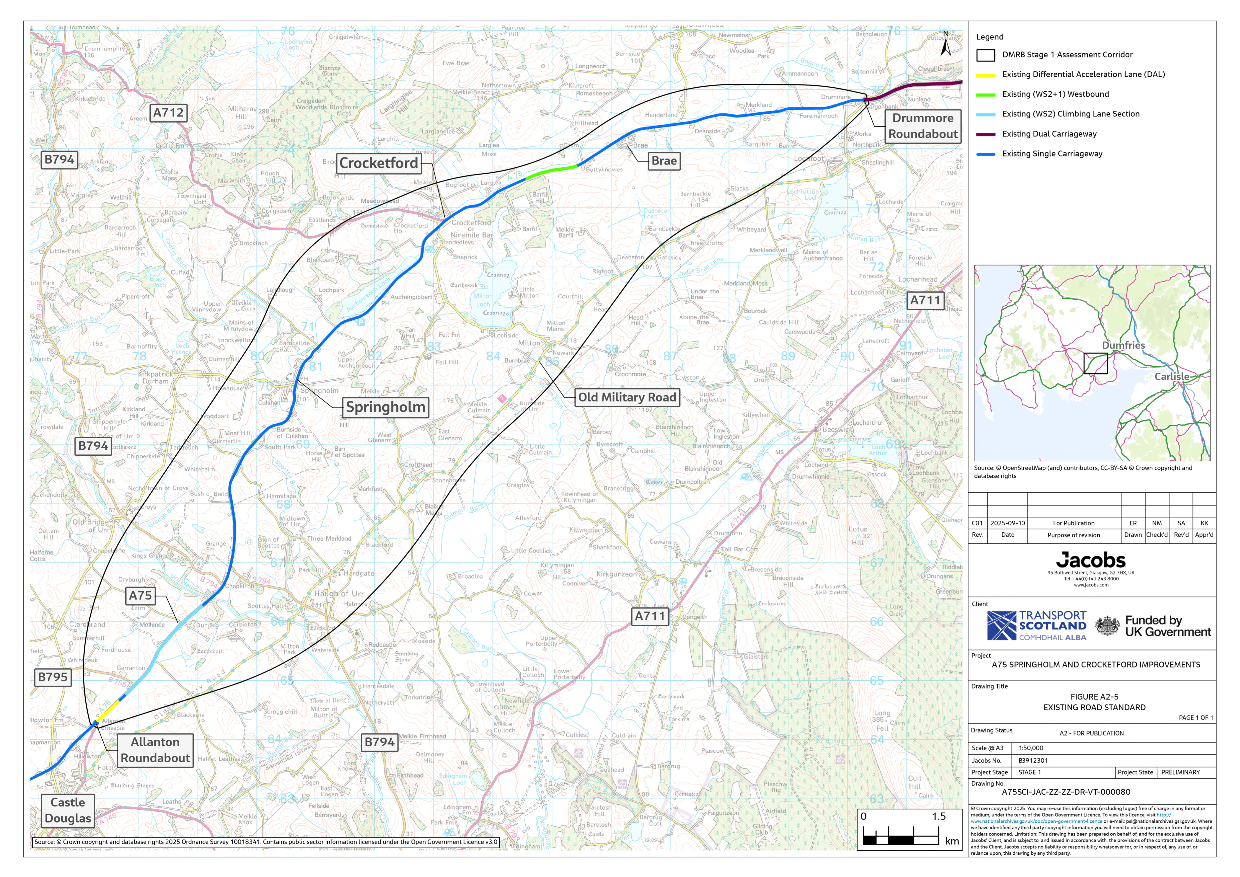 A map illustrating the road standard of the A75 trunk road within the assessment corridor. Within the assessment corridor, the A75 is primarily single carriageway with three overtaking opportunities. 