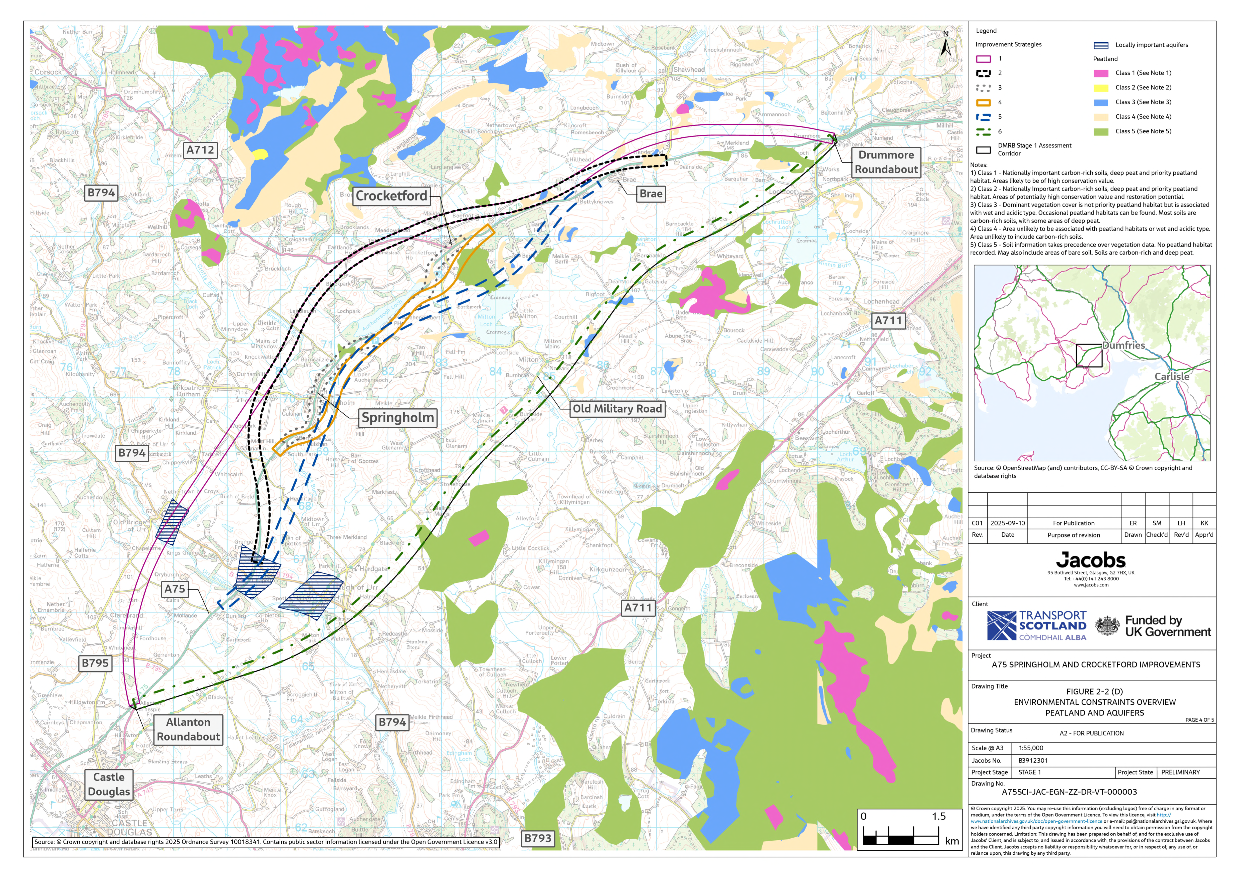A figure showing the location of the Locally Important Aquifers and the areas of Peatland in relation to the six improvement strategies and the DMRB Stage 1 Assessment Corridor.