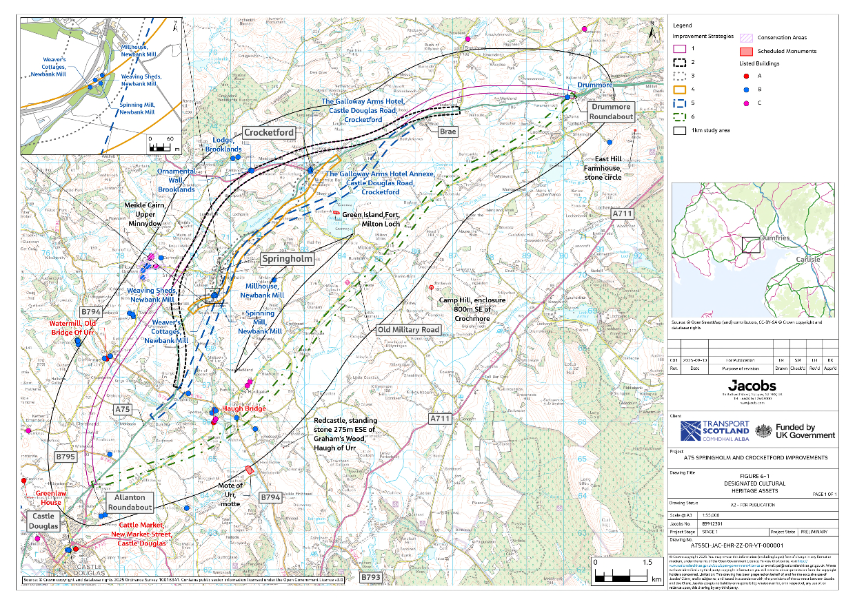 A figure showing designated cultural heritage assets within the 1km study area. Theses assets include listed buildings and conservation areas, officially recognised and legally protected for their special heritage interest and value.