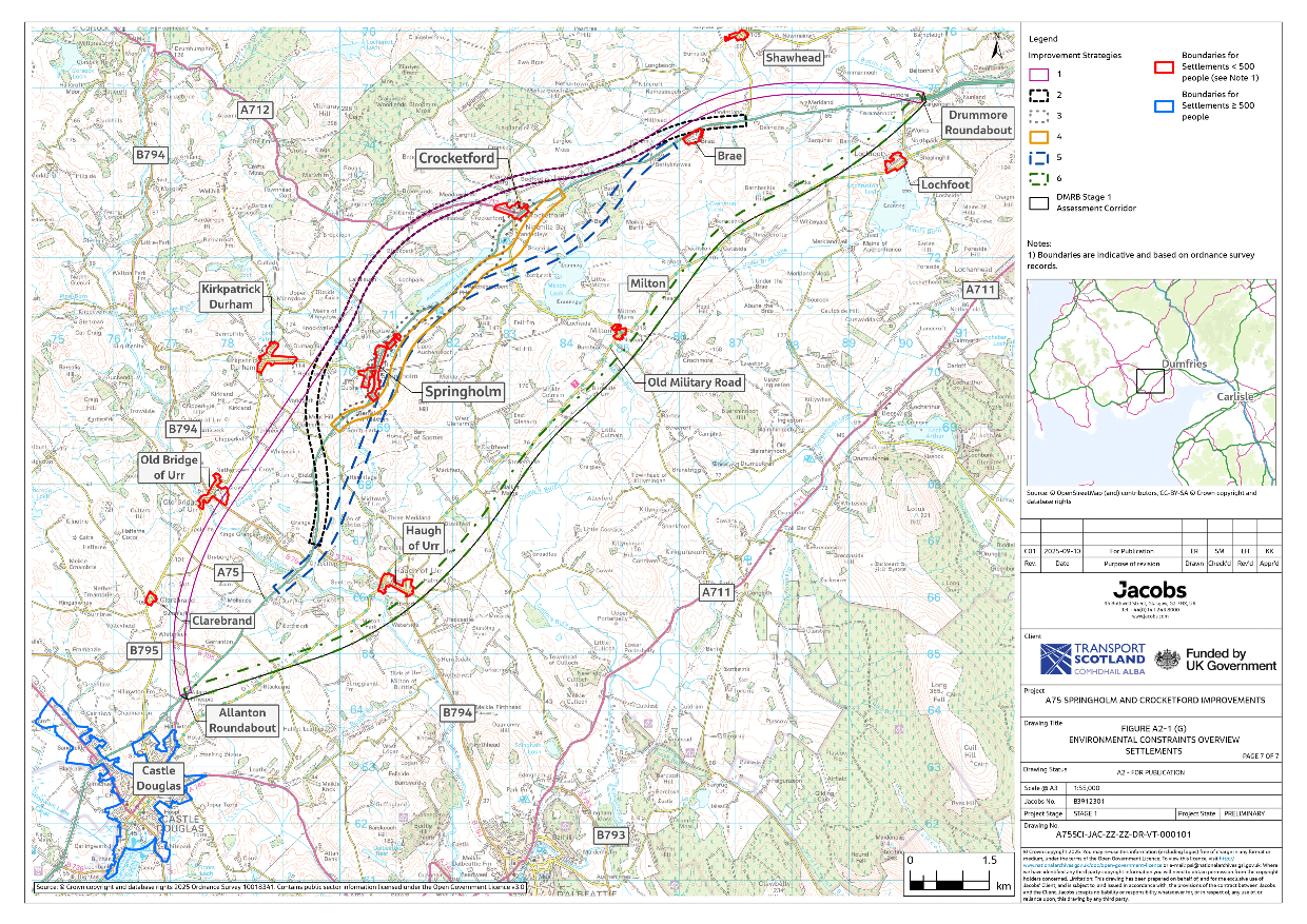 A figure showing settlements within the assessment corridor. It shows the settlements with less than 500 people including Springholm and Crocketford and the larger settlement of Castle Douglas which has more than 500 people. The improvement strategies are also shown to give context on the potential interactions with these.