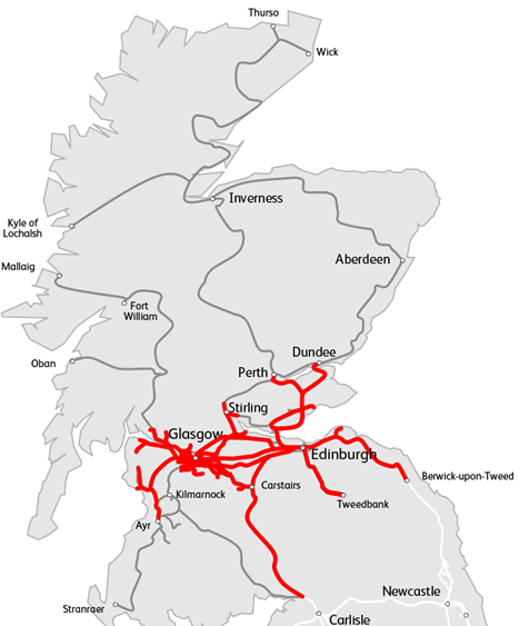 A map of the electrified rail network in Scotland which now includes the Edinburgh/Glasgow line, Stirling to Glasgow/Edinburgh and our Fife and Borders railways.