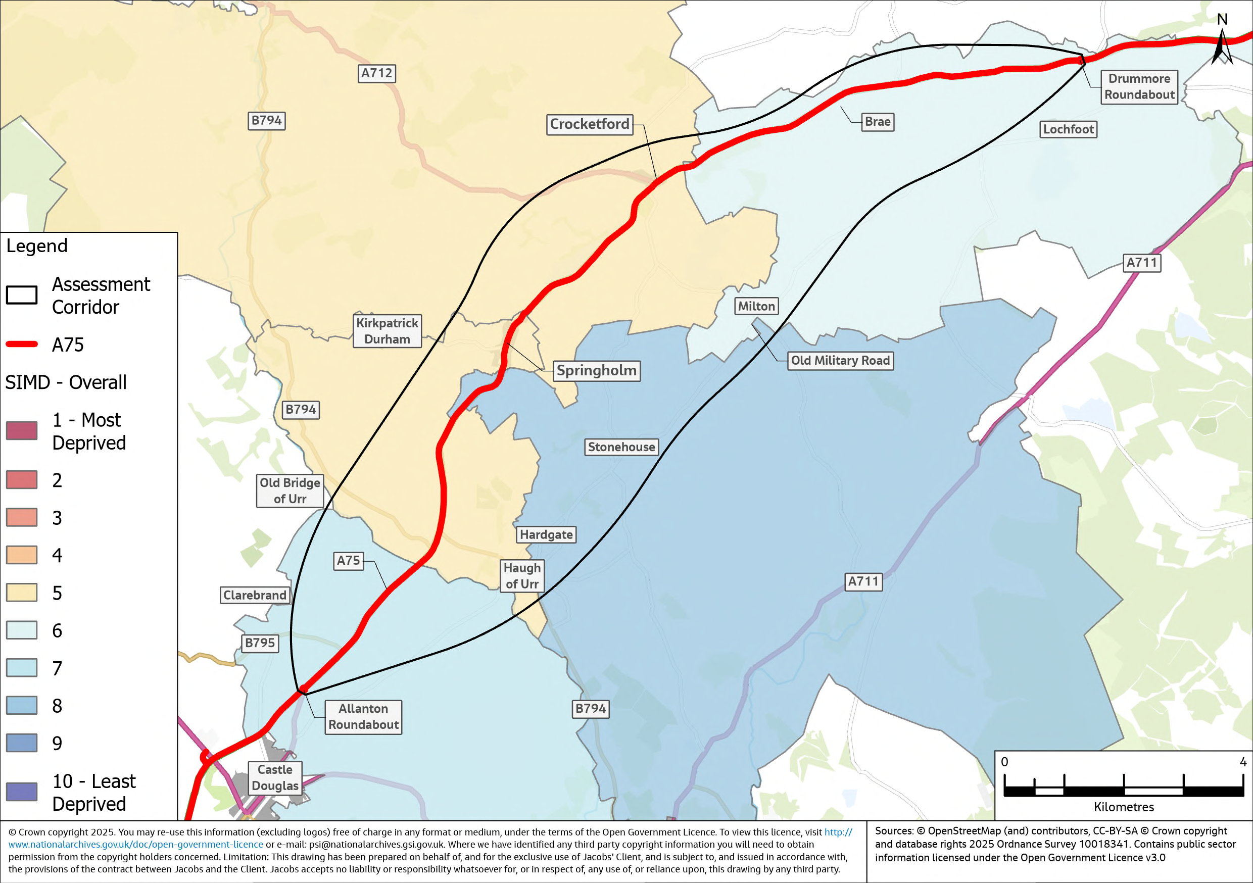 A map displaying the Scottish Index of Multiple Deprivation (SIMD) decile rankings for data zones within the assessment corridor as of 2020. The assessment corridor exhibits SIMD rankings ranging from five to eight, indicating moderate to low levels of deprivation. Crocketford and Springholm are situated in data zones with a ranking of five, the most deprived of data zones within the assessment corridor specifically. 