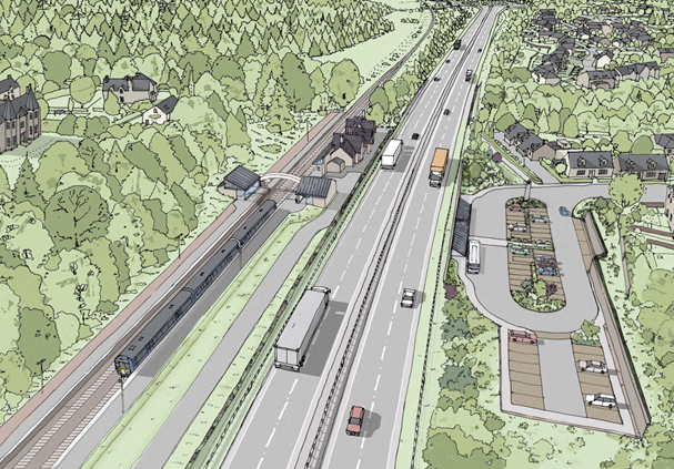 Illustrative view of Dunkeld &amp; Birnam Station and replacement car park from above