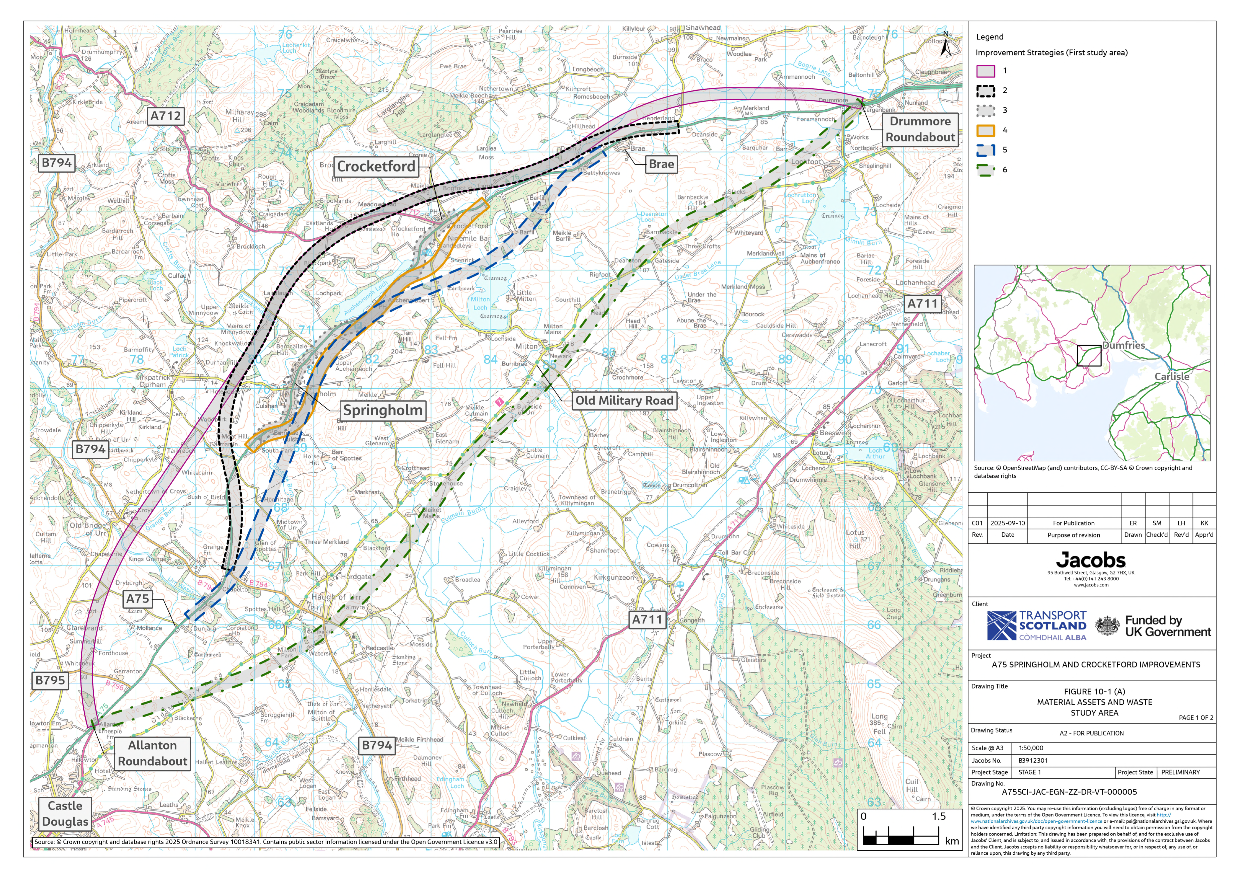 A figure showing the boundaries of the Improvement Startegies (first study area) for Material Assets and Waste on a map.