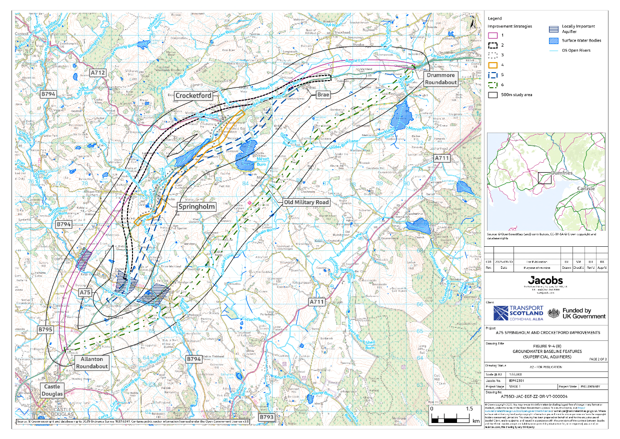 A figure showing the locally important aquifer, surface water bodies and watercourses within the 500 m study area around the six improvement strategies