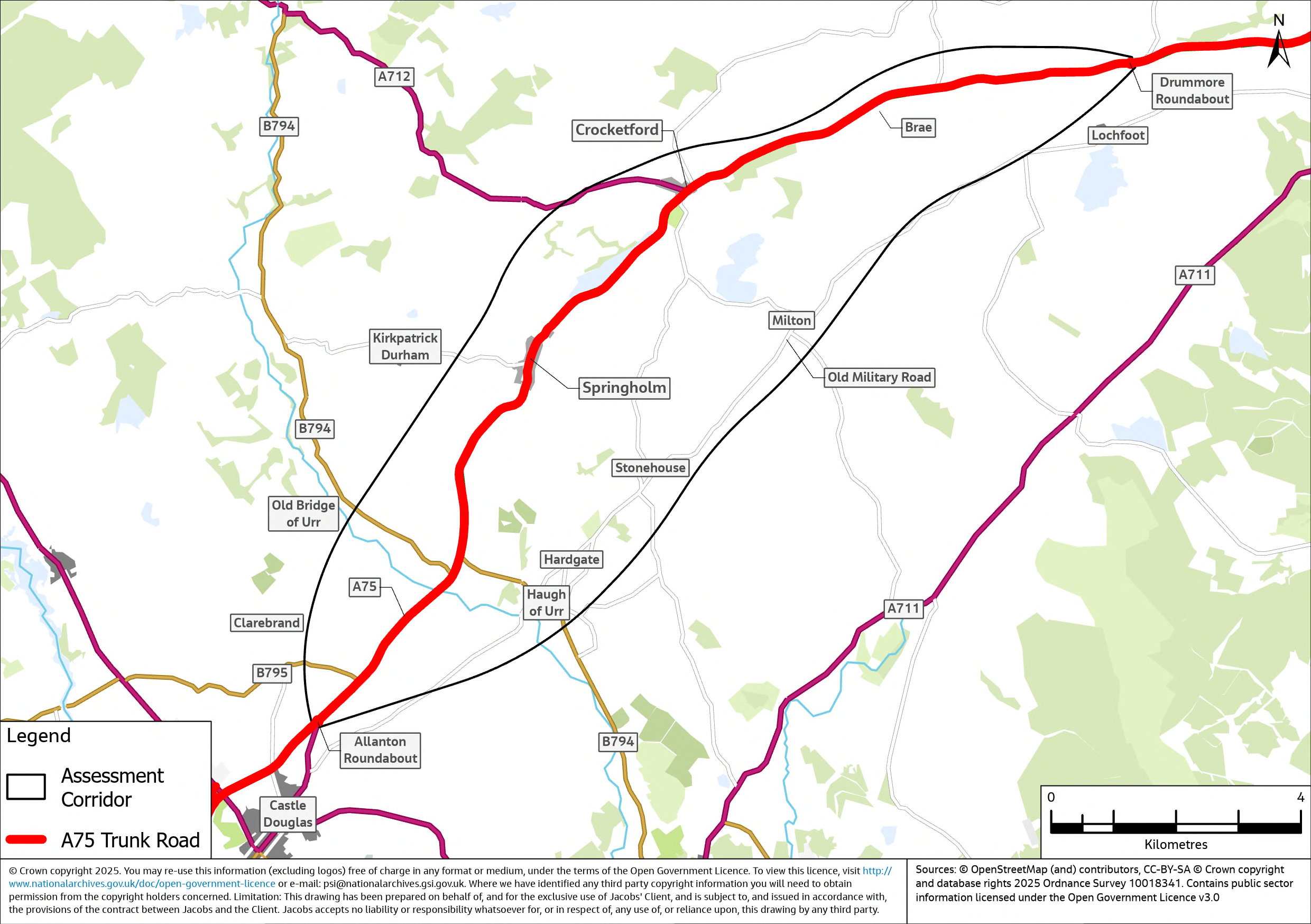 A map showing the A75 Springholm and Crocketford Improvements assessment corridor area which spans between the Drummore and Allanton Roundabout. Several settlement areas are present within this boundary including Springholm, Crocketford, Brae, Kirkpatrick Durham, Haugh of Urr, Stonehouse and Milton. Castle Douglas is situated just west of the assessment corridor, and Dumfries to the east. 