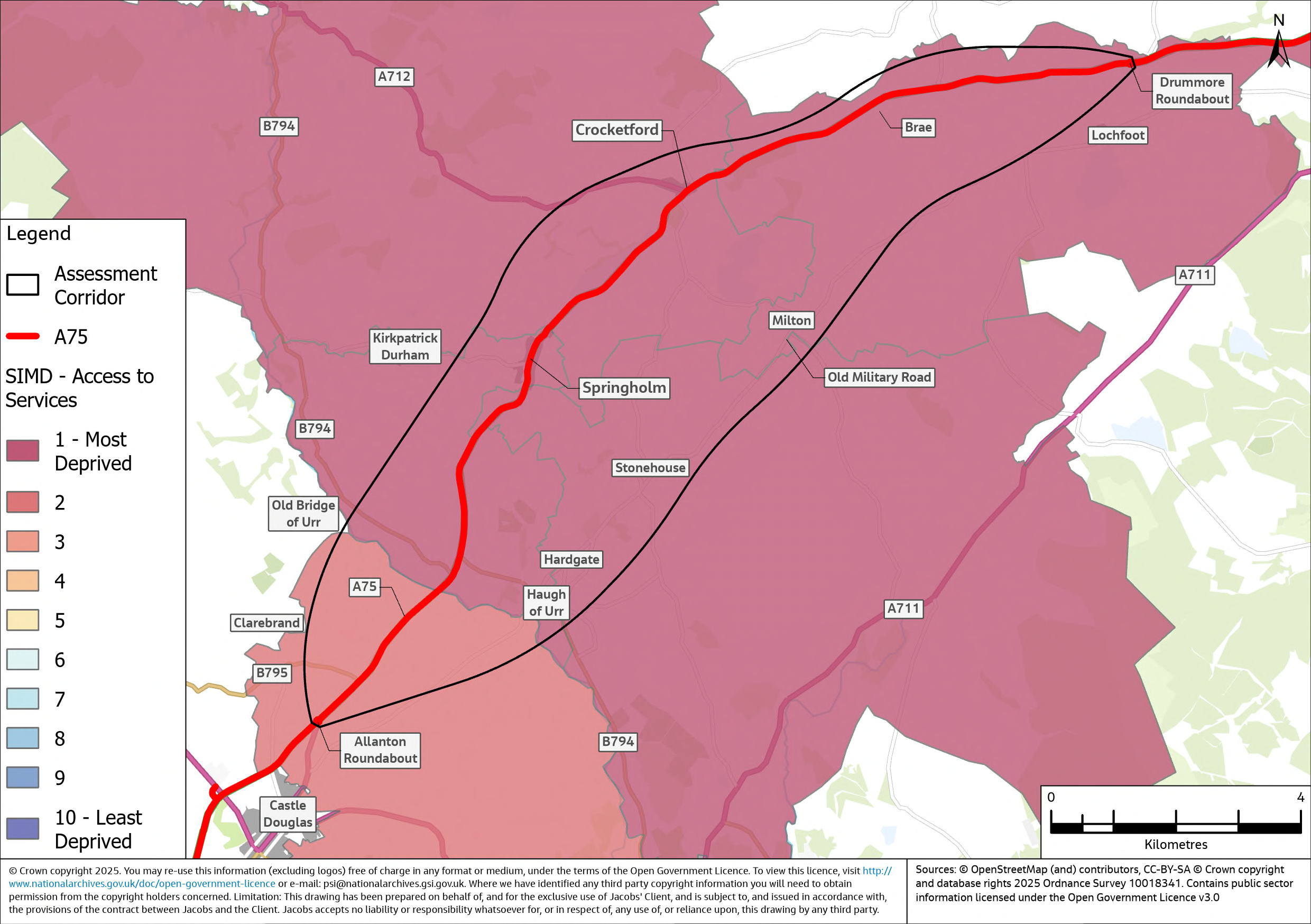 A map illustrating the Scottish Index of Multiple Deprivation (SIMD) decile rankings specifically for the geographic access to key services indicator. Four of the five data zones shown have a ranking of one for the Geographic Access domain, indicating very poor access to services. This is true for the data zones encompassing the settlements of Crocketford and Springholm, as well as Haugh of Urr, Milton and Kirkpatrick Durham and the surrounding rural areas. The exception is the data zone east of Castle Douglas, which has a ranking of two that this still suggests poor access to services.