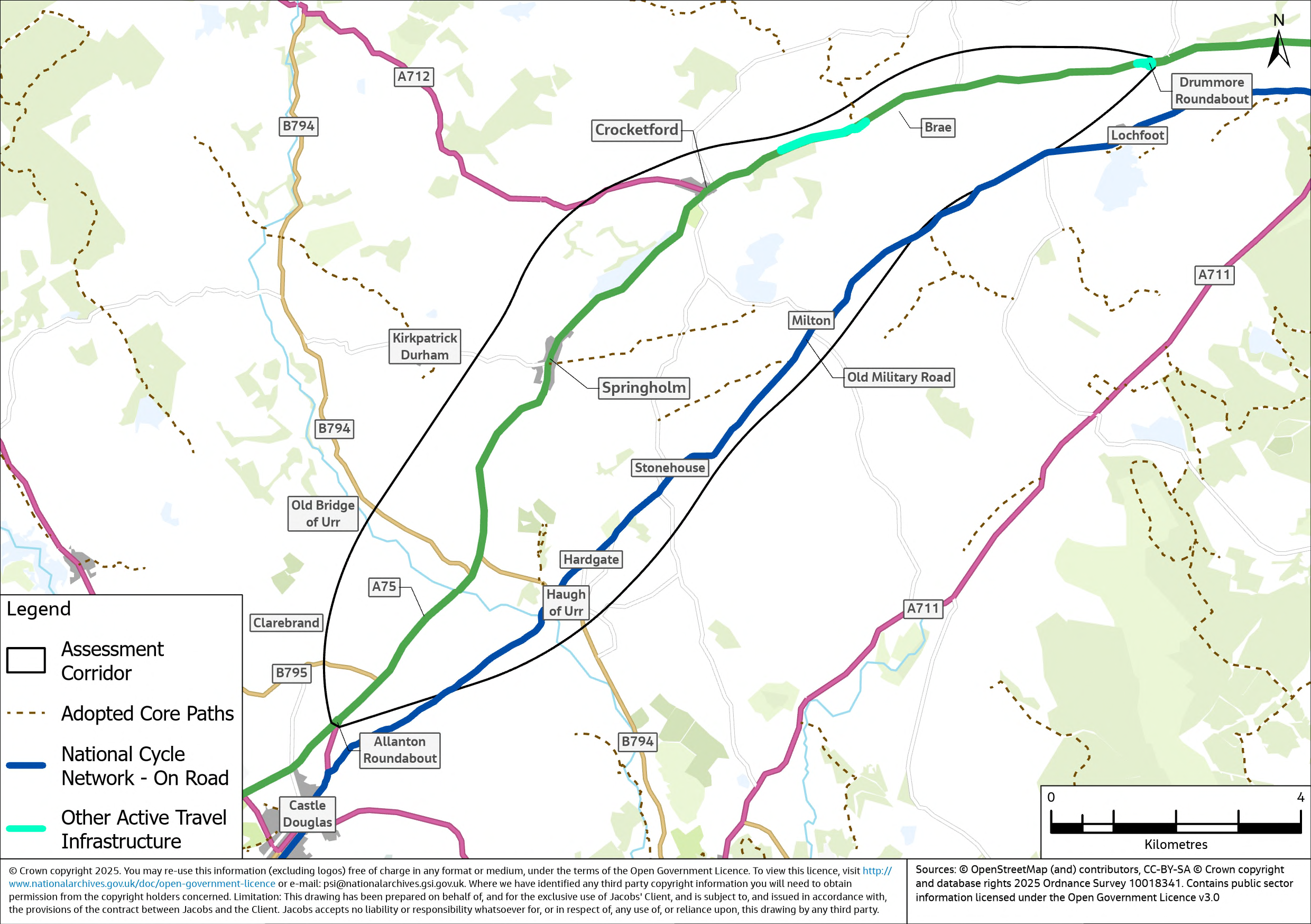 A map illustrating active travel routes within the assessment corridor. It depicts core paths in the area and the National Cycle Network route on the Old MIlitary Road just south of the A75 in the assessment corridor. There are other segregated active travel infrastructure locations north of Crocketford and a short active travel route adjacent to Drummore Roundabout. 