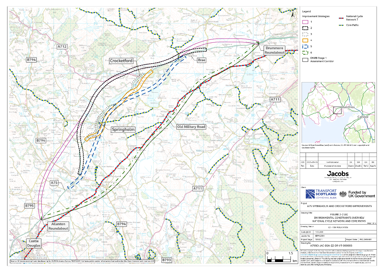 A figure showing the location of the National Cycle Network 7 and Core Paths in relation to the six improvement strategies and the DMRB Stage 1 Assessment Corridor