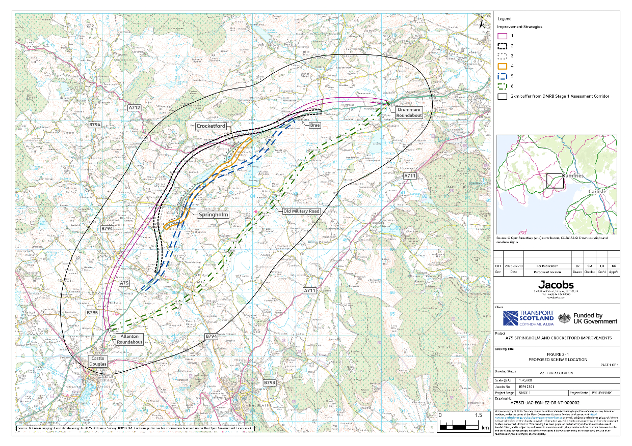 A figure showing the six improvement strategies, the DMRB Stage 1 Assessment Corridor and a 2 km buffer offset from the DMRB Stage 1 Assessment Corridor