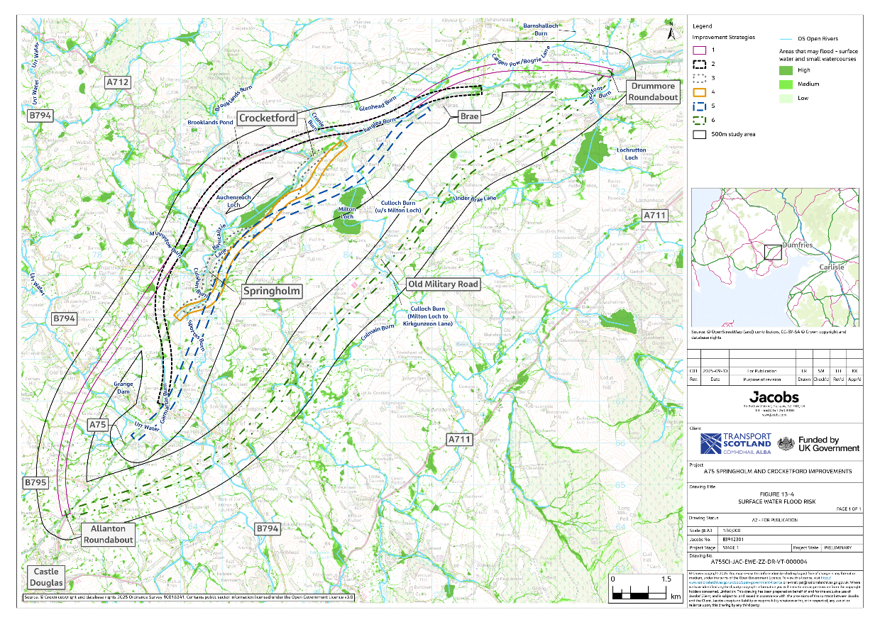 A figure showing the extent of surface water flood risk within the 500m study area around the six improvement strategies.
