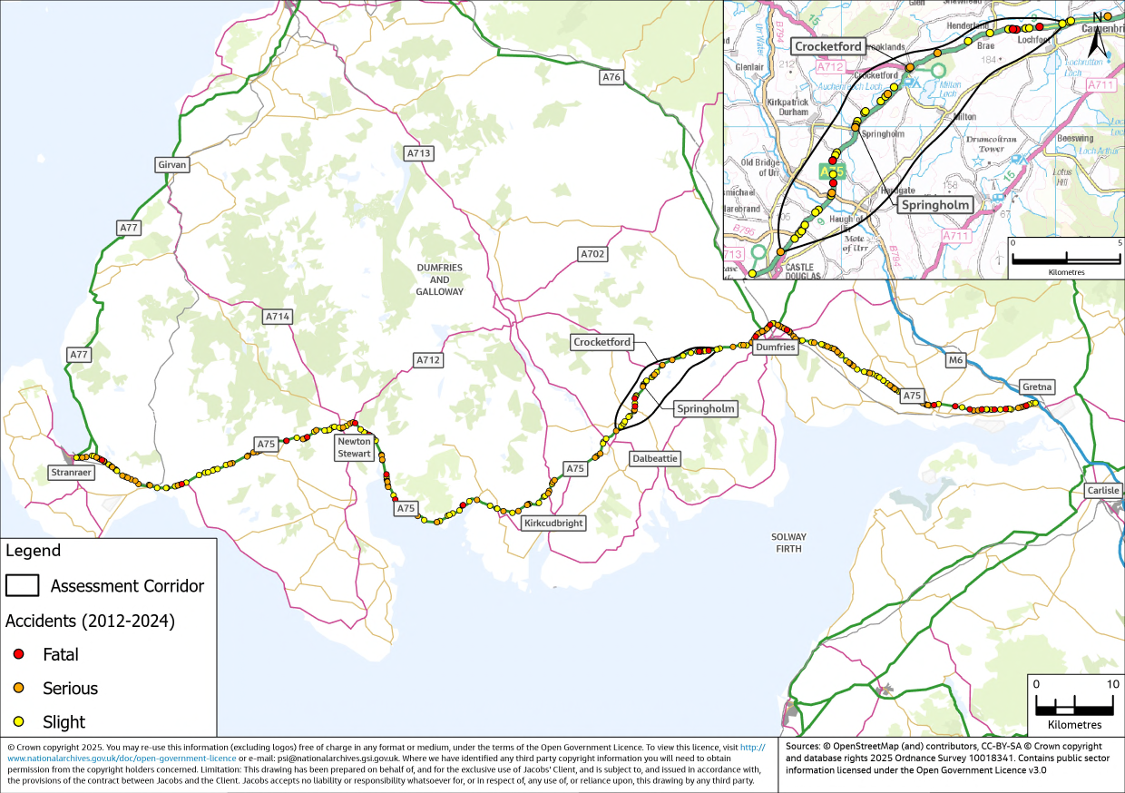 A map displaying all accident locations between 2012 and 2024 on the A75 Trunk Road. There are a number of accidents across the length of the road of all severities including slight, serious and fatal accidents. 