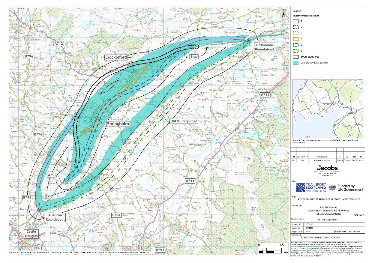 A figure showing the bedrock aquifer for the 500 m study area around the six improvement strategies