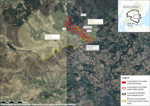 A map of the study area using satellite imagery and showing the compulsory purchase order boundary, a 500 metre buffer around the compulsory purchase order boundary, the two data zones (S01012007 and S01012008) that make up the Luncarty & Dunkeld intermediate zones (also shown). The Data zones and intermediate zone are labelled. The communities of Dunkeld, Little Dunkeld, Birnam and Inver are labelled on the map. There in an inset map provided in the top right corner showing the extent of the local authority of Perth and Kinross and where the study area is within this extent.