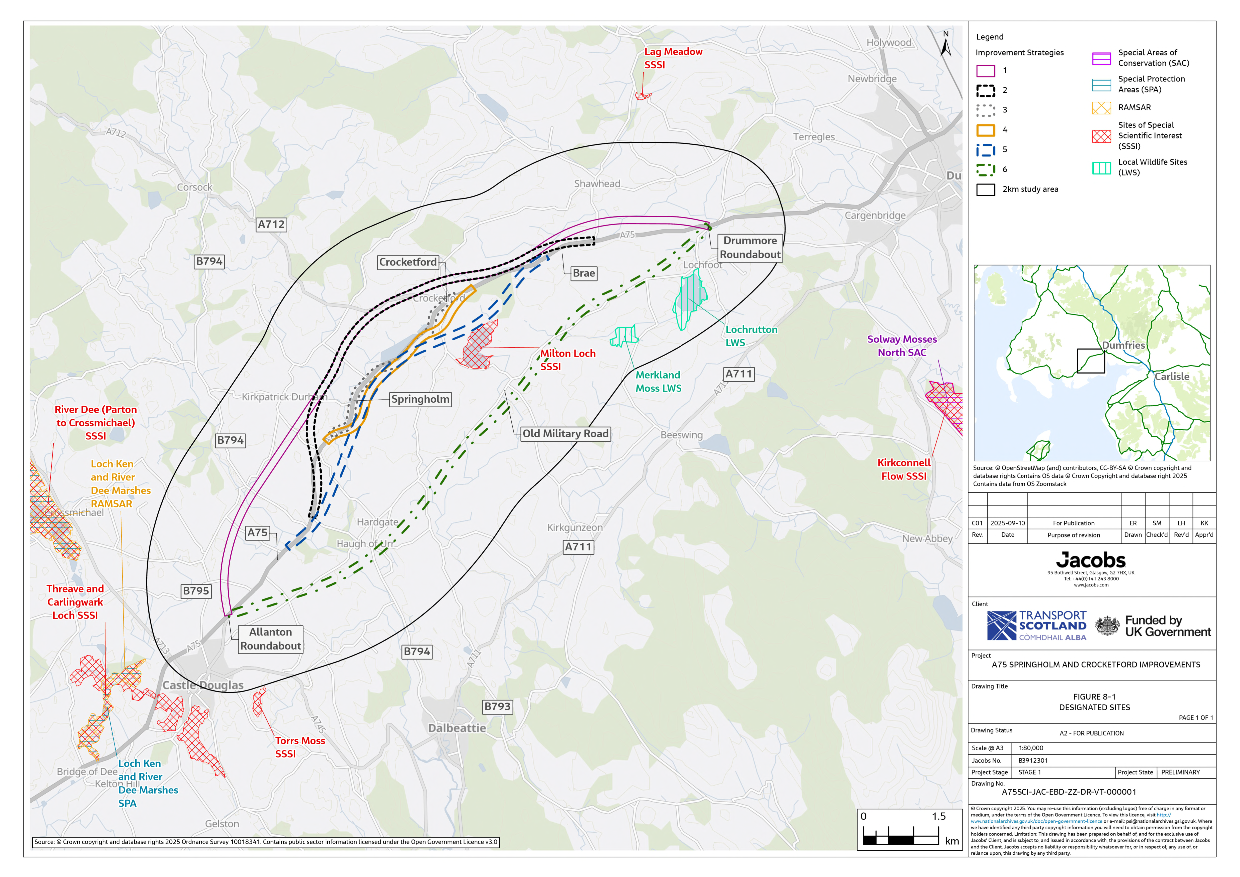 A figure showing the areas around the six improvement strategies which are designated as Special Areas of Conservation, Special Protection Areas, RAMSAR, Sites of Special Scientific Interest and Local Wildlife Sites and the 2 km study area.