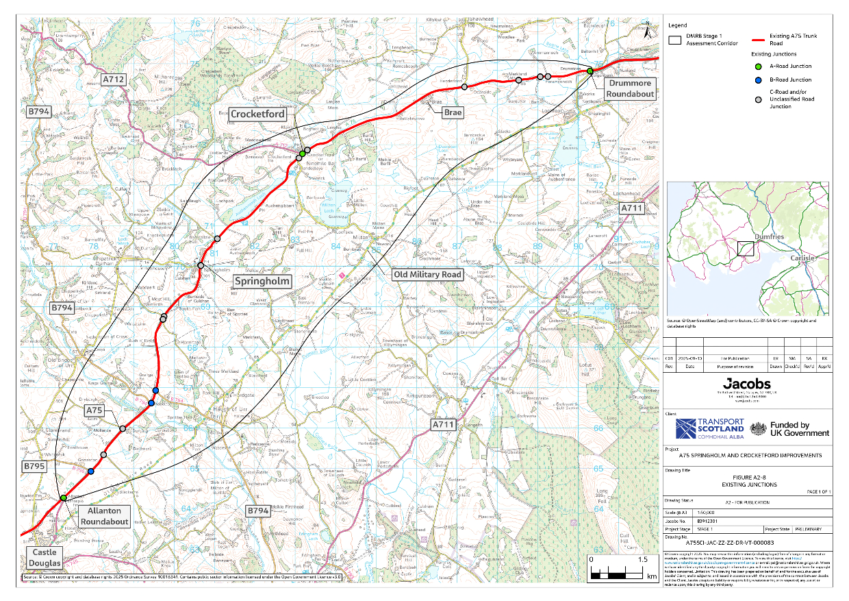 A figure showing existing junctions on the A75 within the assessment corridor. It shows existing junctions with A-Roads, B-Roads and C-Roads and/or unclassified roads.