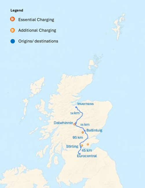 Map of Essential And Additional Charging On The Glasgow Inverness HGV Route.