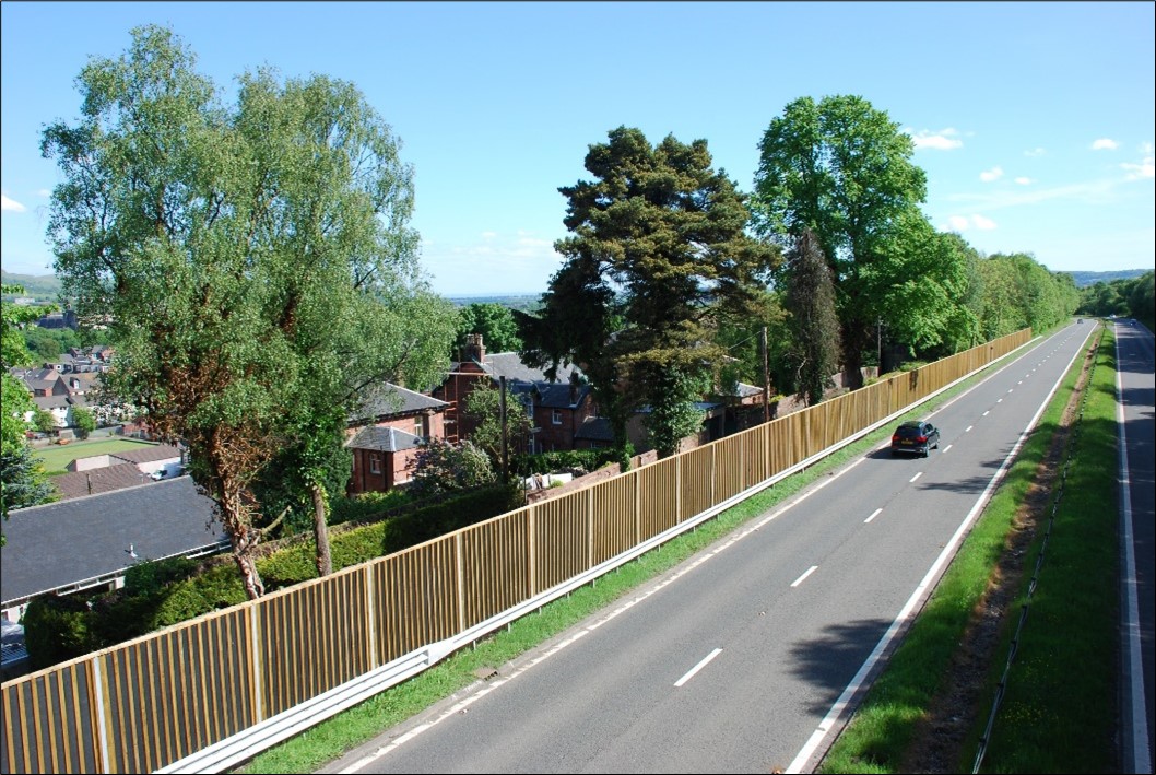 Typical timber noise barrier installed at a location on the trunk road network