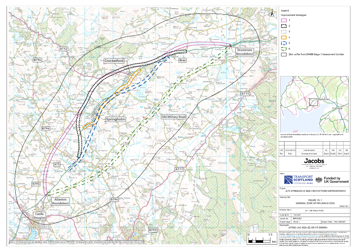 A figure showing the 2km Zone of Influence from the six improvement strategies. This is the search area that was used to indentify any plans or projects that could have potential cumulative effects. 