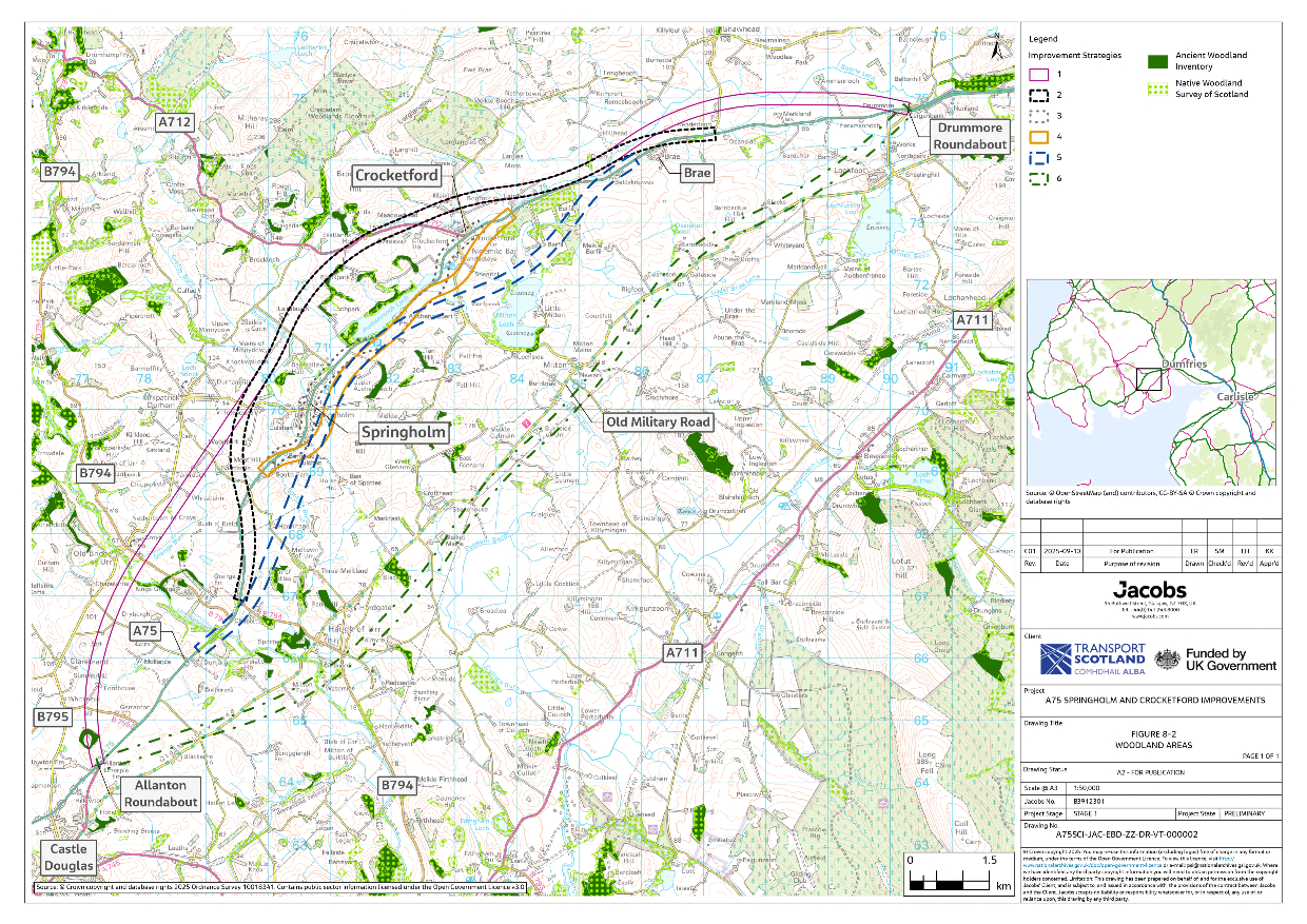 A figure showing the areas of habitat around the six improvement strategies which are either listed on the Ancient Woodland Inventory or were surveyed as part of the Native Woodland Survey of Scotland